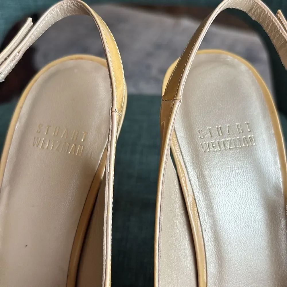 Stuart Weitzman Women’s nude tan big bow peep toe patient leather heel 7.5 EUC!